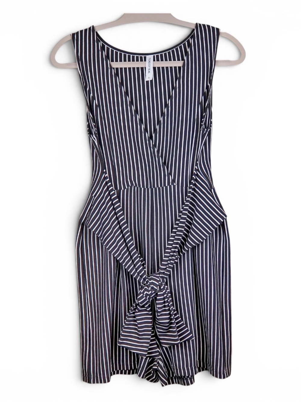 Tickled Teal Sleeveless Striped Romper Women Size S Tie-front Summer